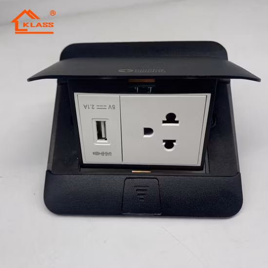 Presa da pavimento pop-up con pannello in alluminio argento con fornitura di fabbrica Presa di corrente standard UK da 13 A con doppia porta di ricarica USB